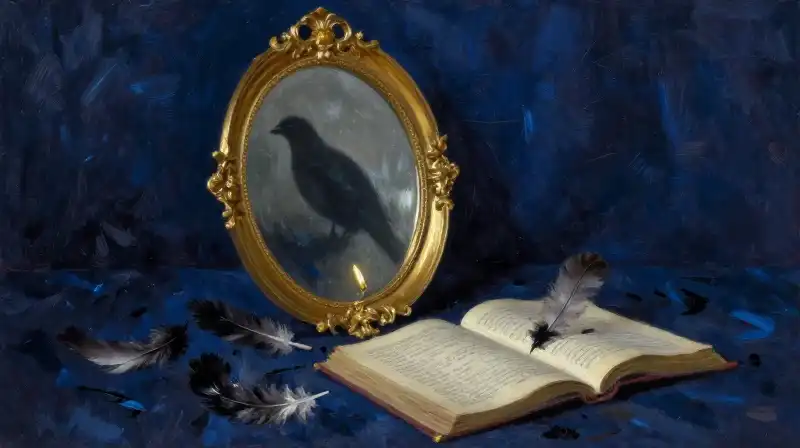 An antique mirror and ink feathers in deep indigo tones