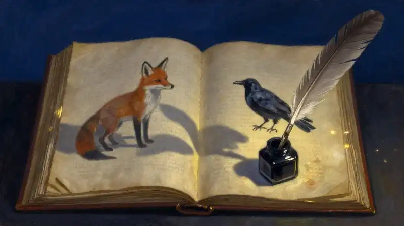 An open manuscript reflecting the silhouettes of a fox and crow