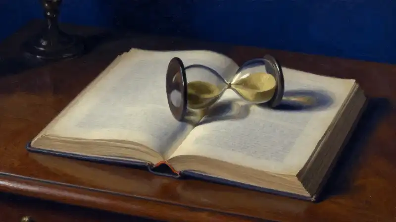 An open antique book and a fallen hourglass in moody blue light