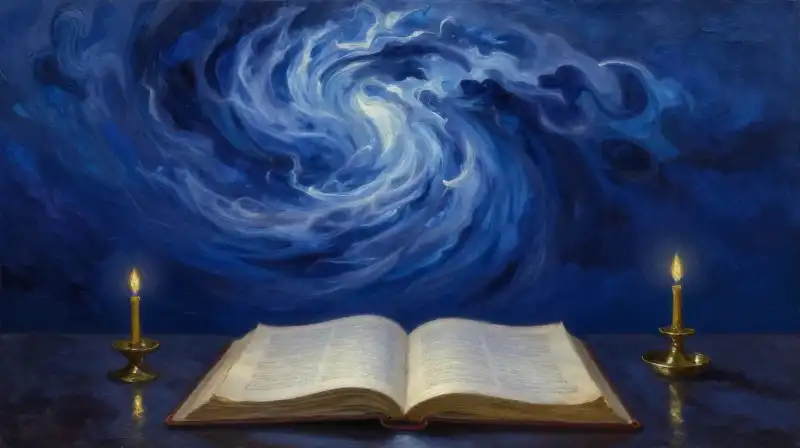 Ethereal blue winds and clouds swirling over an open manuscript