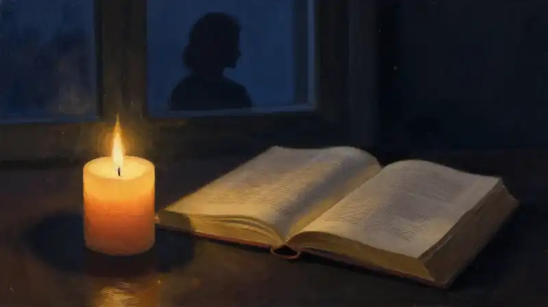 A lonely candle and open book in deep blue tones