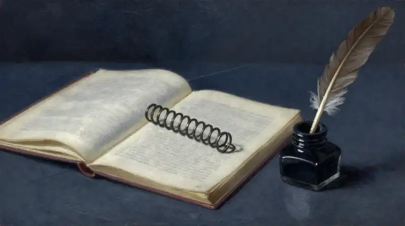 A coiled spring on an open manuscript in a blue study