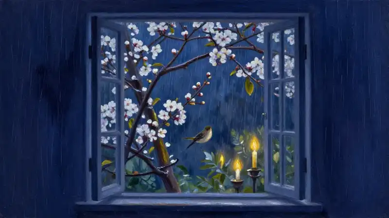 An open window overlooking a vibrant spring garden in indigo tones