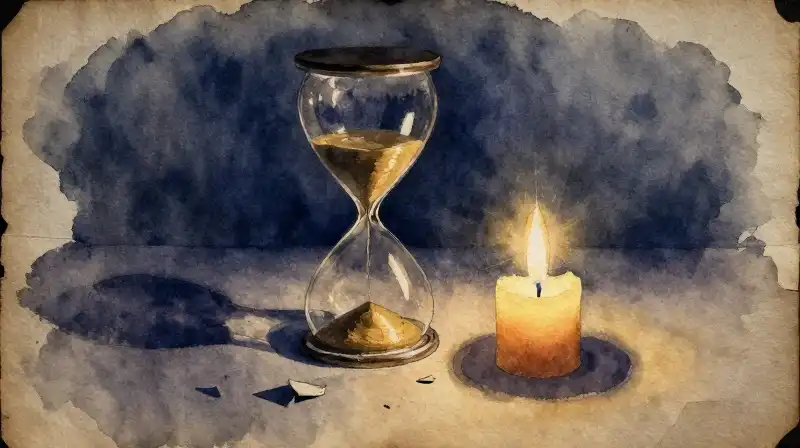 Shattered hourglass on parchment in deep blue tones