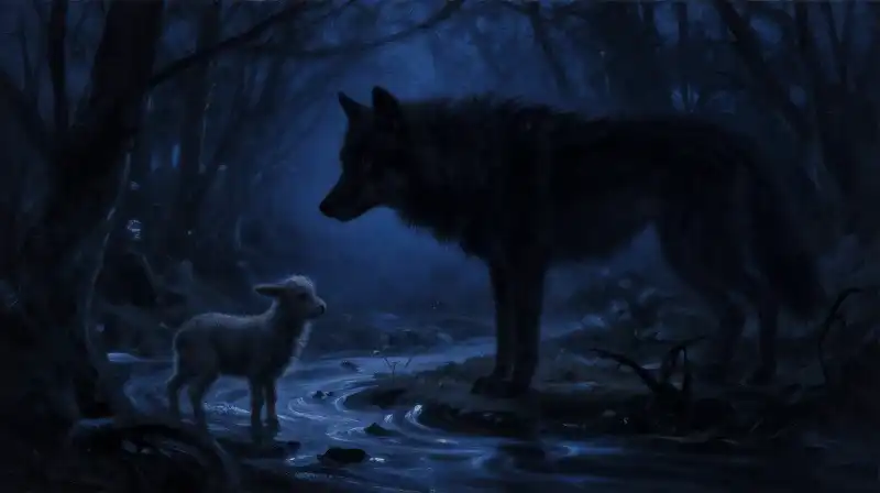 Shadowy wolf and lamb by a silty stream in indigo tones