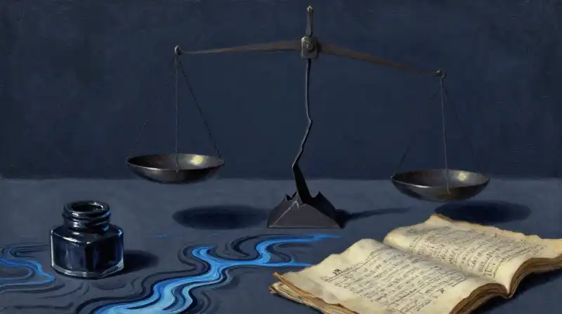 Symbolic scales and manuscript in moody indigo tones