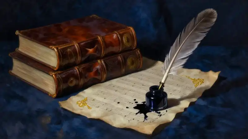 Antique books and musical scores in moody indigo lighting