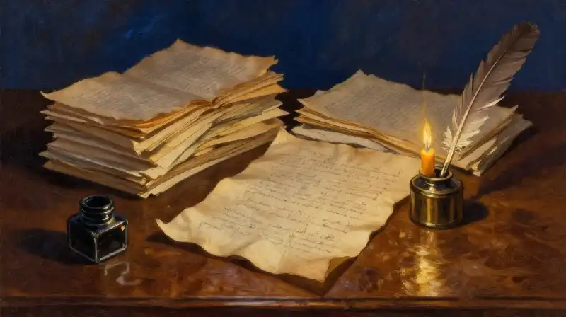 Antique manuscripts and quill on a dark blue desk