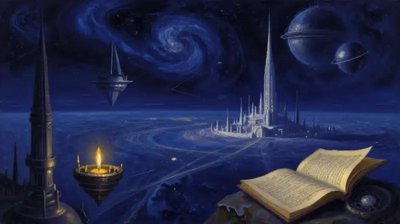 Atmospheric oil painting of cosmic empires and floating manuscripts