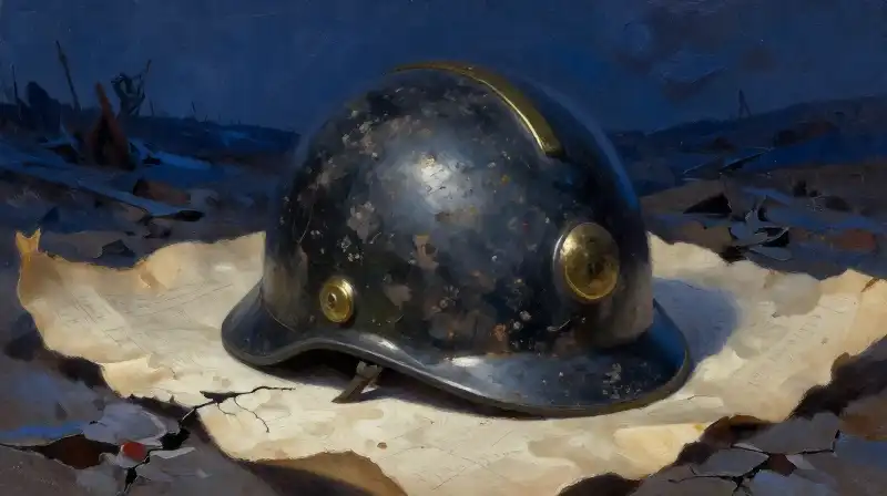 Weathered space helmet on parchment in deep blue tones