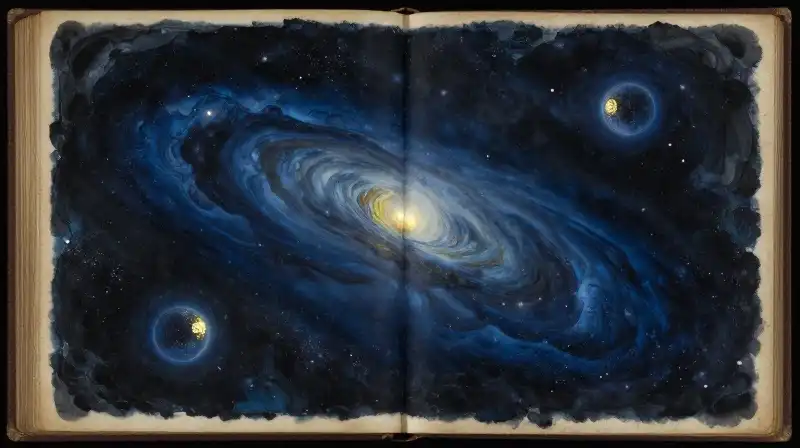 An open book reflecting a starry cosmic horizon in indigo hues