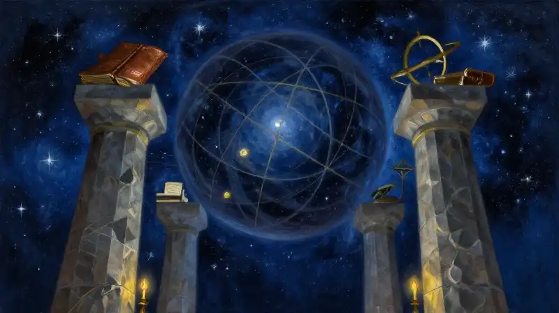 Ancient books and cosmic pillars in deep blue tones