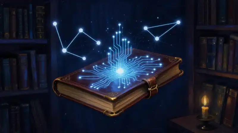 Cyberpunk and hard science fiction books in a dark library