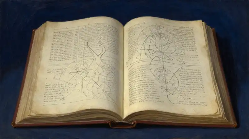 Three luminous paths diverging from an open book in a dark library