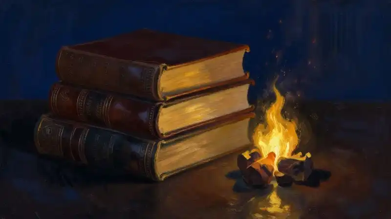 Stacked vintage books in deep indigo tones with golden light