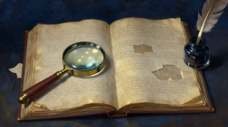 An open manuscript and quill in moody indigo light