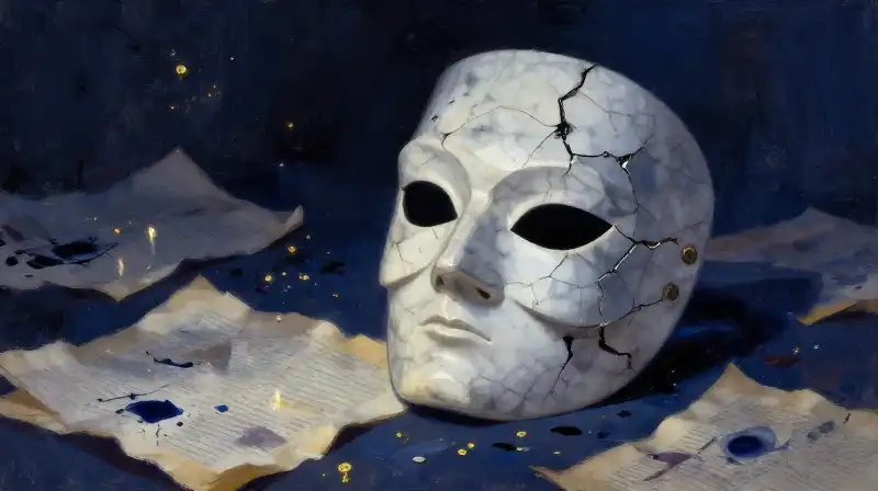 Cracked marble mask and ink manuscripts in moody blue tones