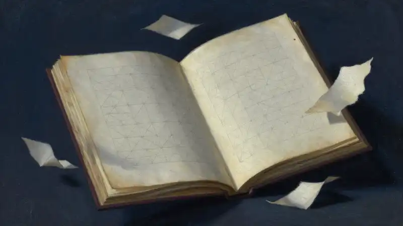 Artistic illustration of a manuscript with geometric panel grids in ink-blue tones