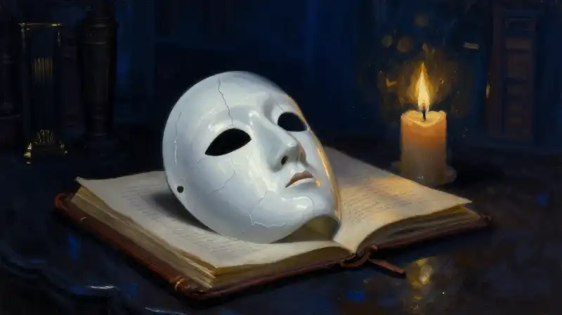 A cracked porcelain mask on an ancient book in blue light