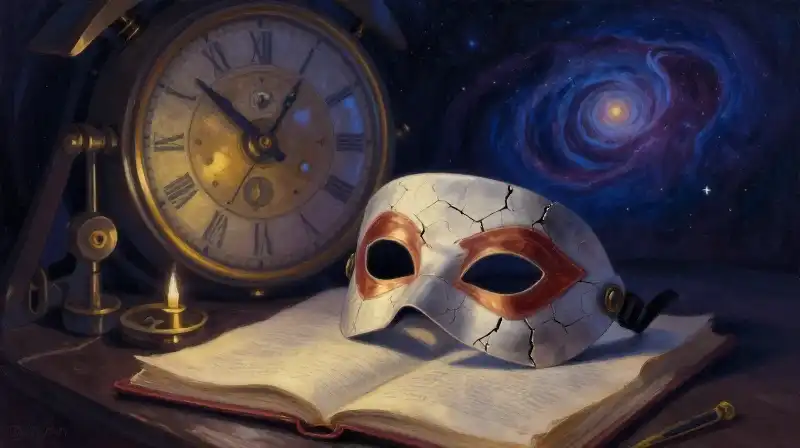 A cracked mask and cosmic clockwork in deep blue tones