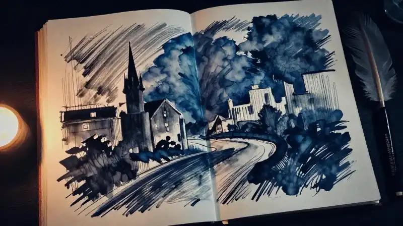 An open manuscript with expressive ink strokes in deep blue tones