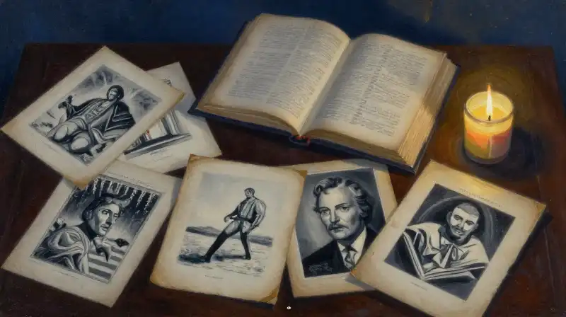 Vintage graphic novels and manuscripts in atmospheric blue lighting