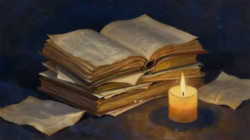 Stacked manuscripts and parchment in deep indigo tones