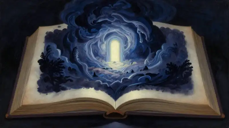 An open vintage book acting as a gateway to a mystical world