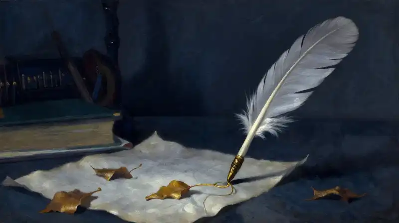 A quill distilling ink into a single golden line on parchment