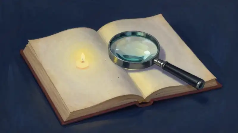 Magnifying glass over an open illustrated classic book in blue tones