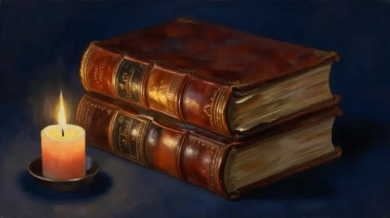 An atmospheric still life of antique books and manuscripts