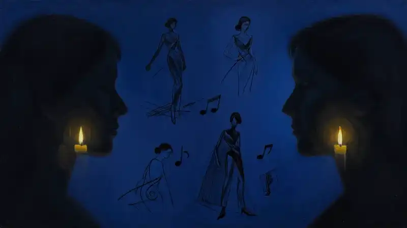 Two silhouettes diverging amidst musical notes and sketches in indigo tones