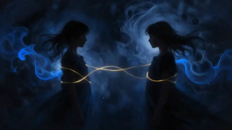 Two silhouettes connected by a glowing golden thread in indigo shadows