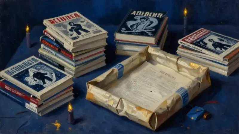 Stacks of vintage graphic novels in a moody blue study