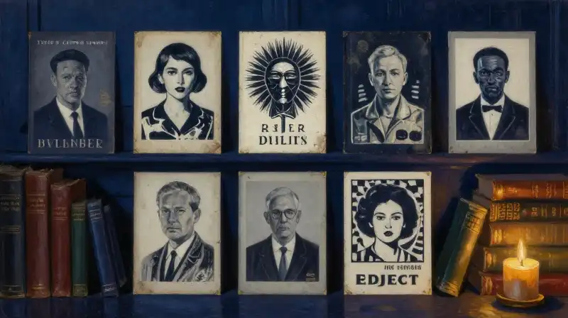 A curated collection of vintage graphic novels in a moody blue library