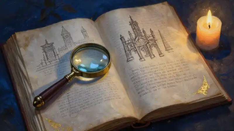An open ancient manuscript and magnifying glass in deep indigo light