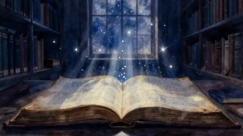 Ethereal digital particles flowing from an open manuscript in blue light