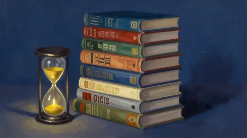 Twelve aged comic books beside a glowing hourglass in indigo light