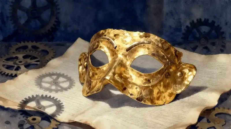 A broken golden mask resting on old manuscripts in deep blue light