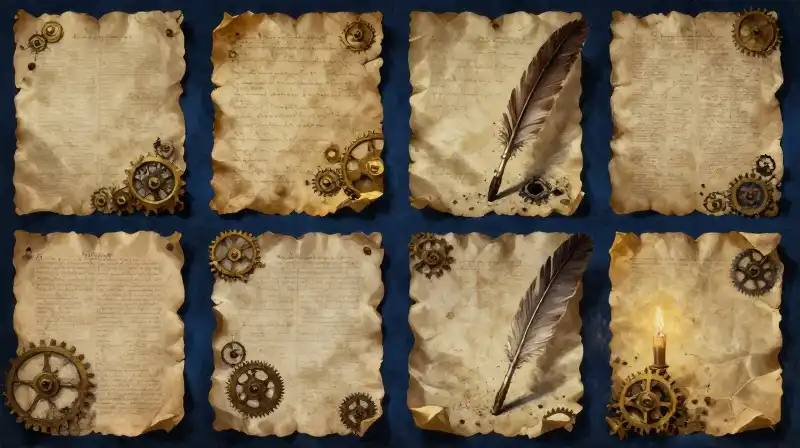 A literary illustration of a nine-panel grid and clockwork gears