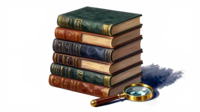 Twelve aged books and a brass magnifying glass in blue tones