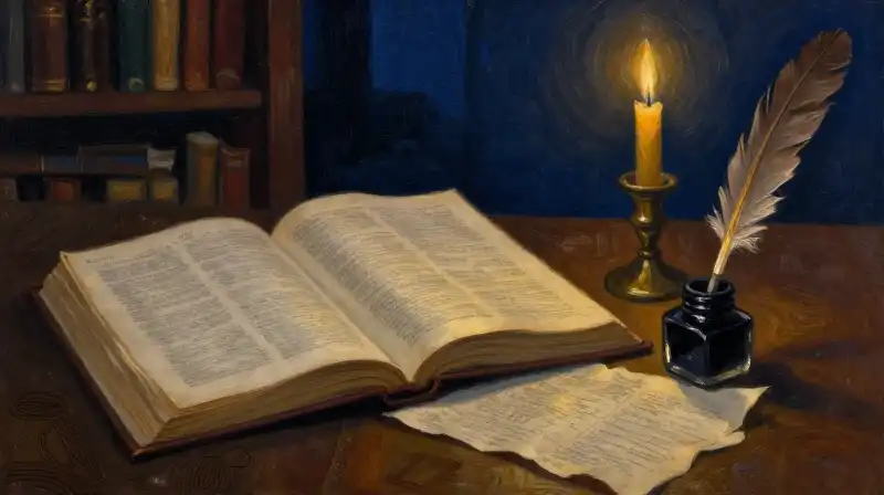 An open antique book and quill in a moody blue library