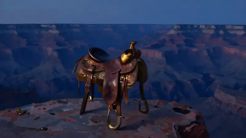 An evocative oil painting of a saddle overlooking a vast blue frontier landscape
