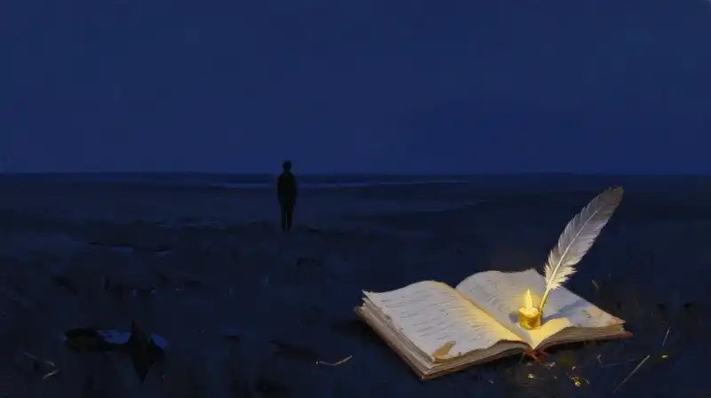 Solitary traveler overlooking a vast indigo wilderness landscape
