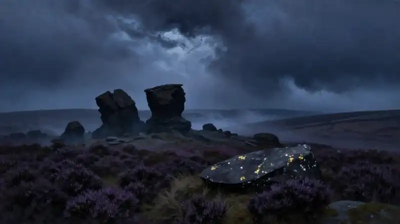 Atmospheric dark moorland landscape under a stormy indigo sky