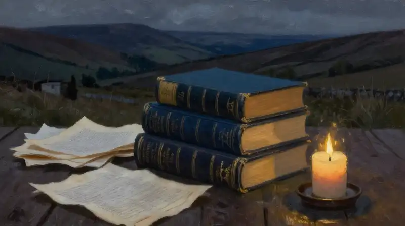 Stack of vintage books and parchment in moody blue lighting
