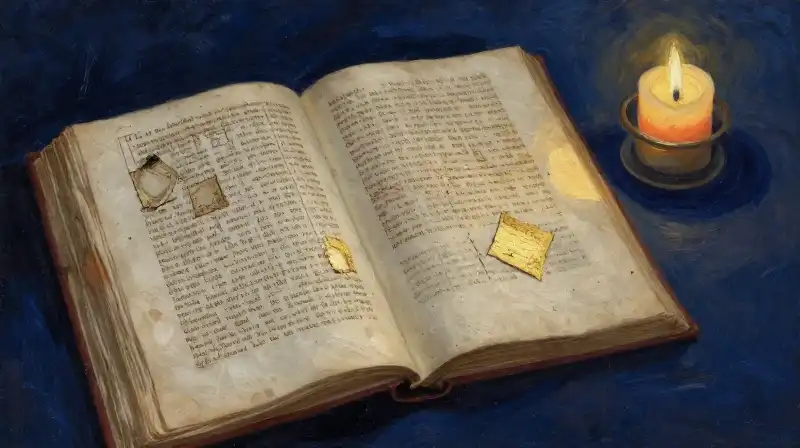 Antique manuscript and parchment in a moody blue study