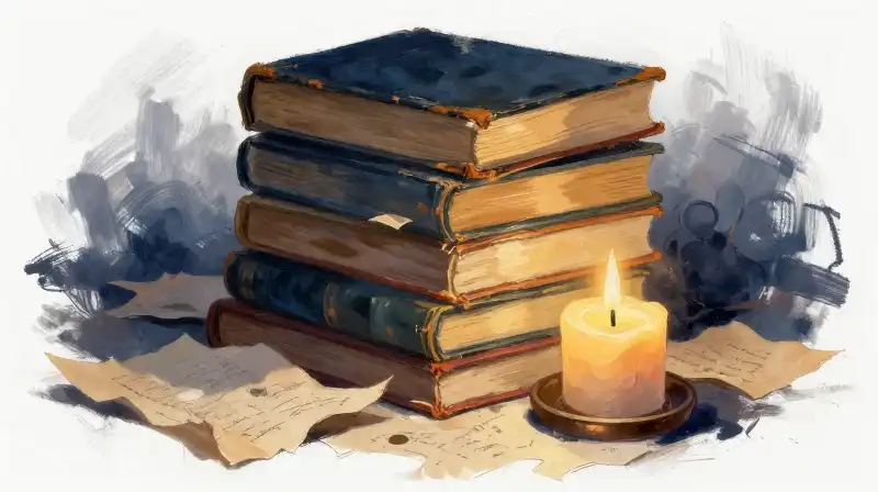 Stack of old books and parchment in moody blue light
