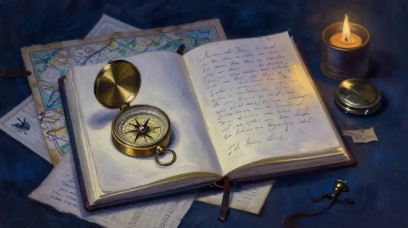 An open historical journal with a vintage compass on dark blue background