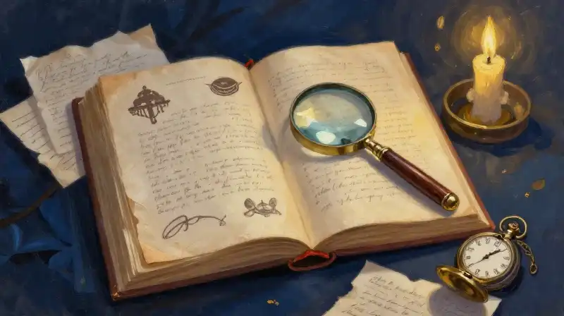 An open vintage book with a magnifying glass and pocket watch
